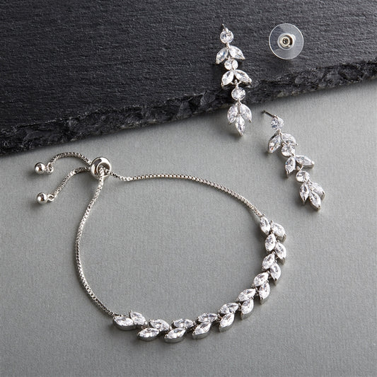 CZ Bracelet & Dangle Earrings Set for Weddings - 14K Gold plated with Adjustable Slider Chain