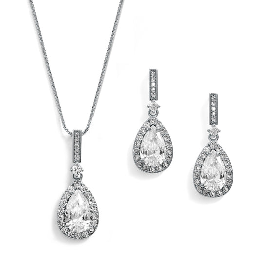 Silver Platinum CZ Pear-Shape Wedding Necklace & Earrings Set