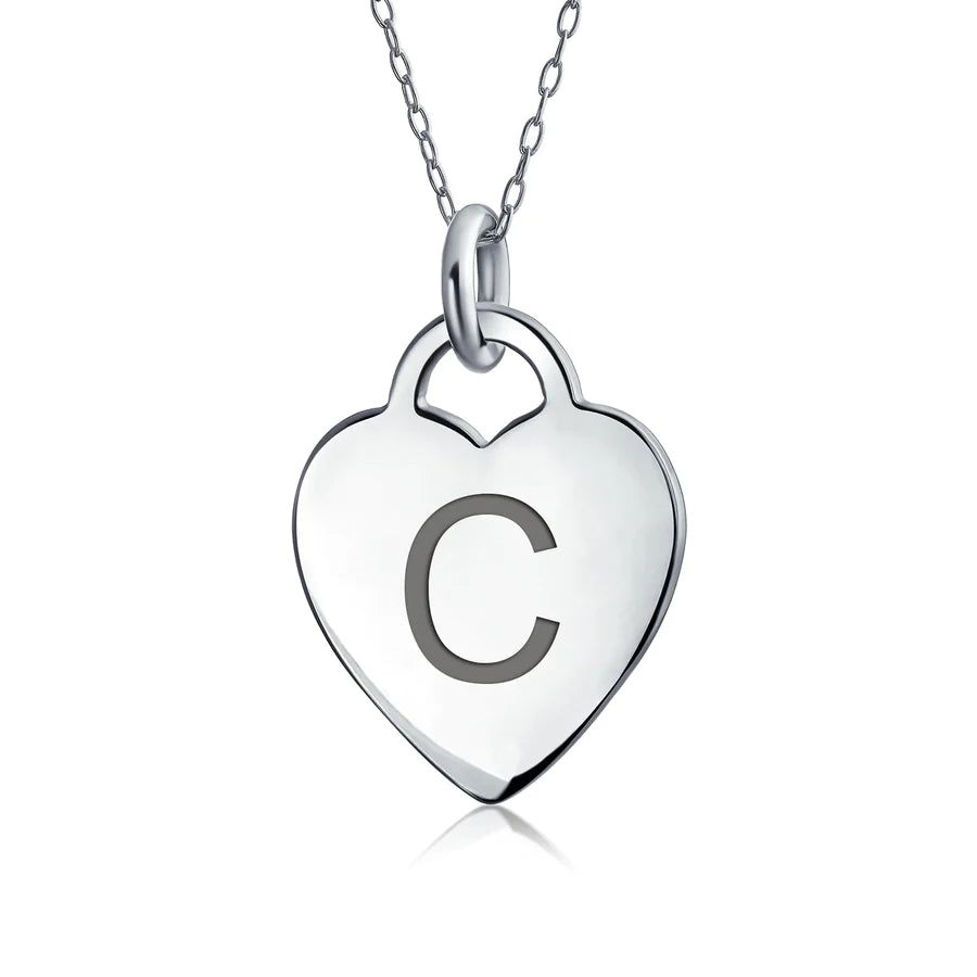 Sterling Silver Block Alphabet Initial Heart Pendant Necklace