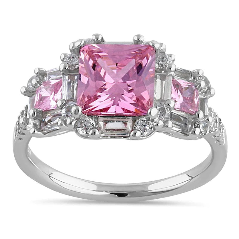 Sterling Silver Classic Princess, Emerald & Round Cut with Pink & Clear CZ Ring