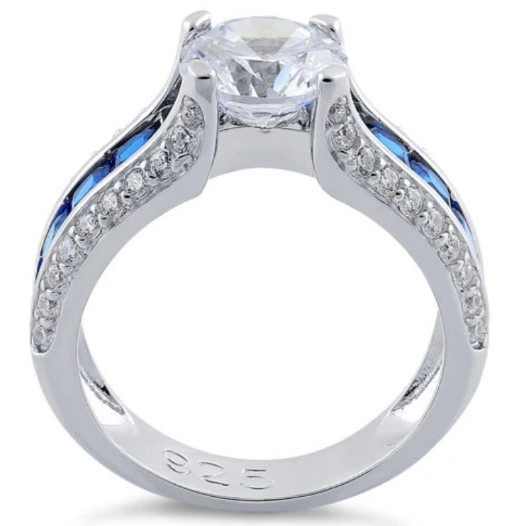 Sterling Silver Round & Princes Cut Clear & Blue Spinel CZ Ring