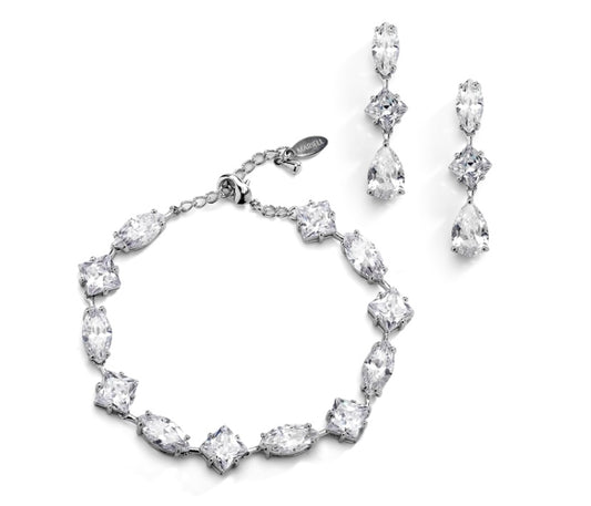 Elegant Cubic Zirconia Multi-Shape Bridal Bracelet and Earrings Set in Rhodium