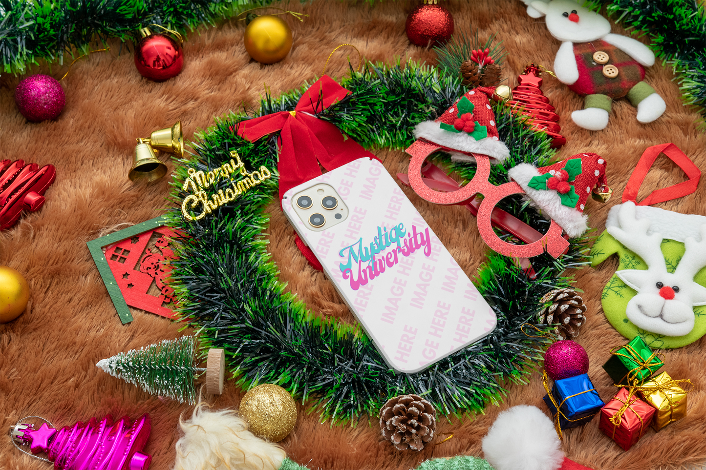 Back Case iPhone Mockup With Some Christmas Accessories Surrounding it