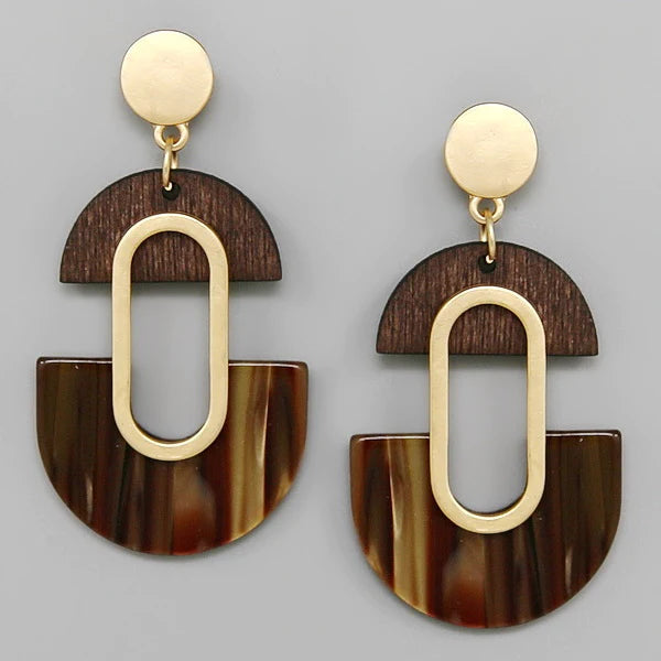 Wooden And Acetate Half Disc Drop Earrings