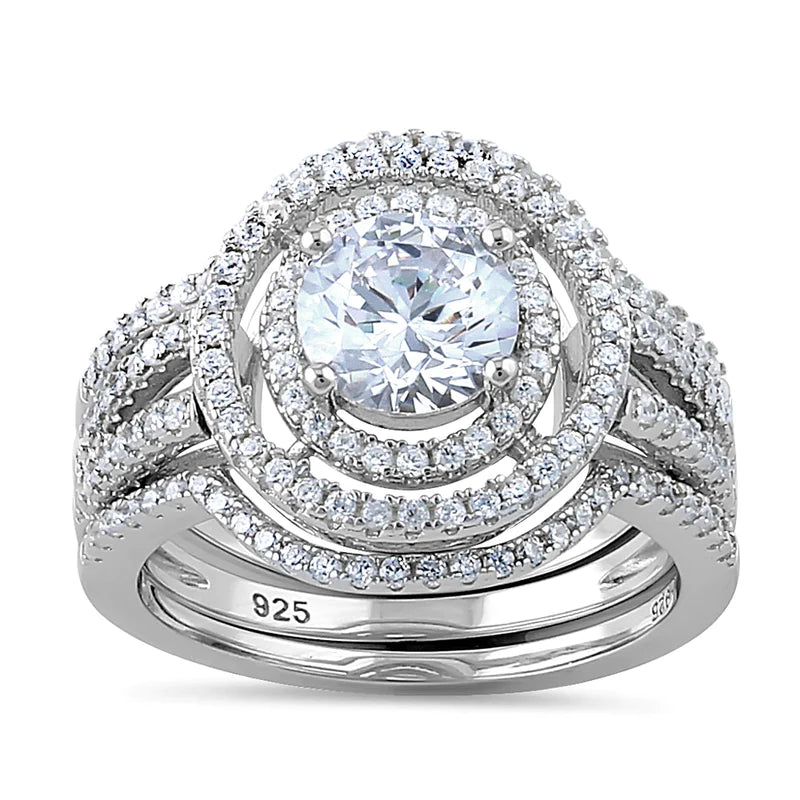 Sterling Silver Double Halo Round CZ Set Ring