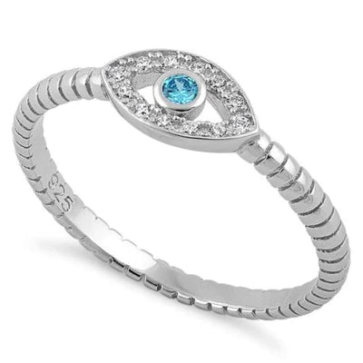 Sterling Silver Aqua Blue Stone Evil Eye CZ Ring