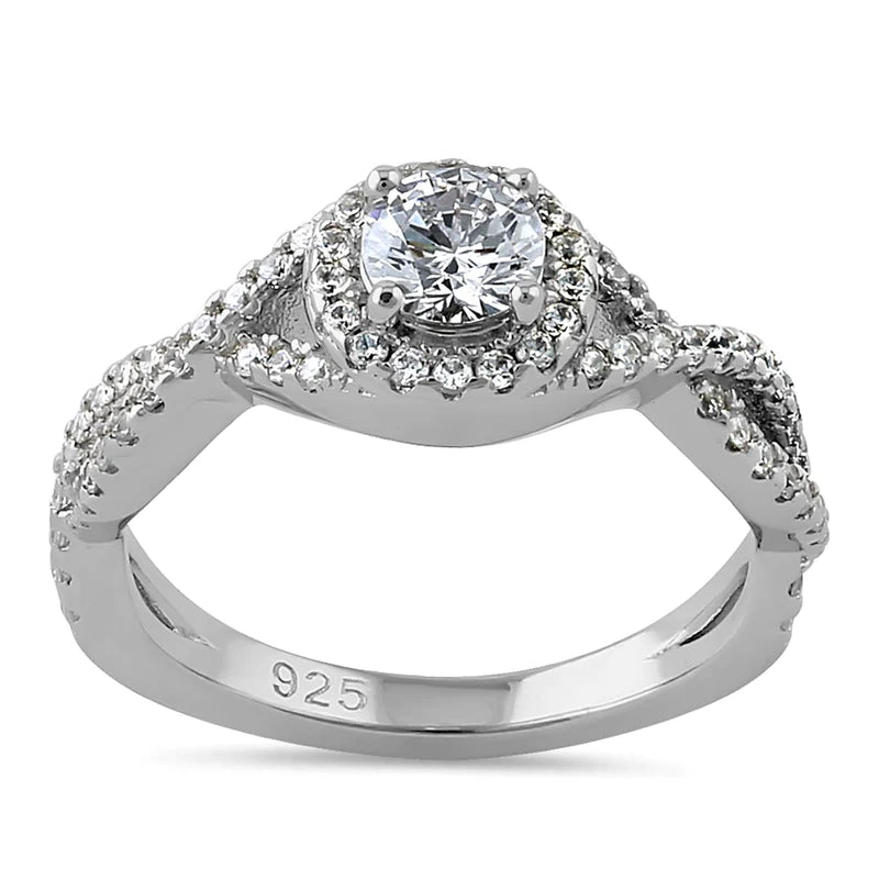 Sterling Silver Halo Twisted CZ Engagement Ring