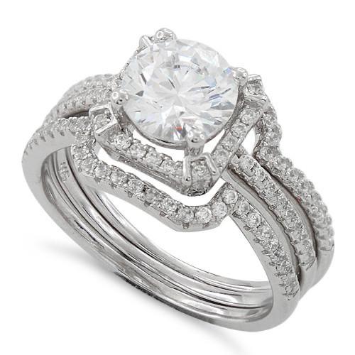 Sterling Silver Engagement Round Halo Pave CZ Set Ring