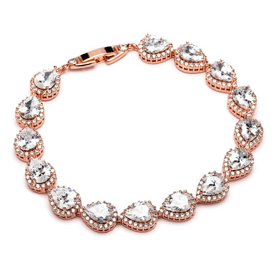 Petite Length 6 5/8" CZ Pears Bridal or Bridesmaids Rose Gold Bracelet