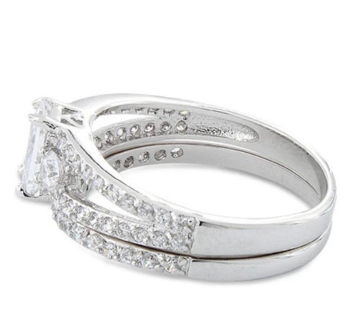 Sterling Silver Clear Cut CZ Wedding Set Ring