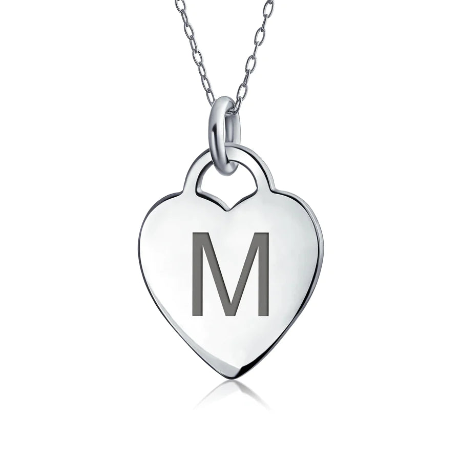 Sterling Silver Block Alphabet Initial Heart Pendant Necklace