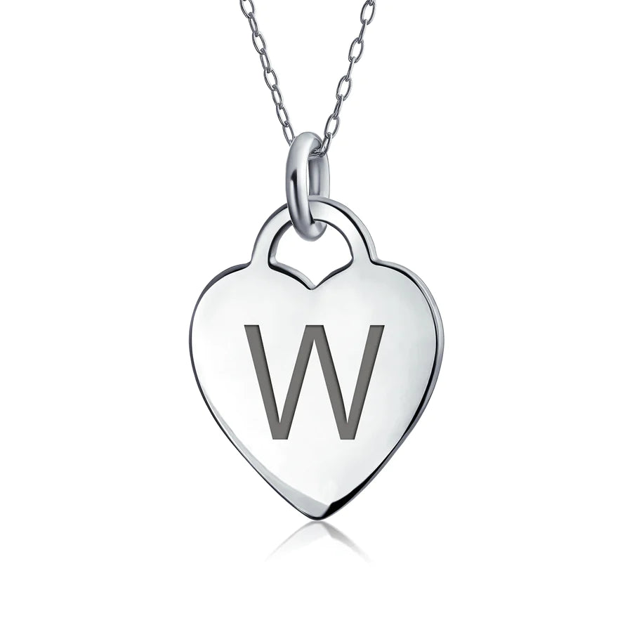 Sterling Silver Block Alphabet Initial Heart Pendant Necklace