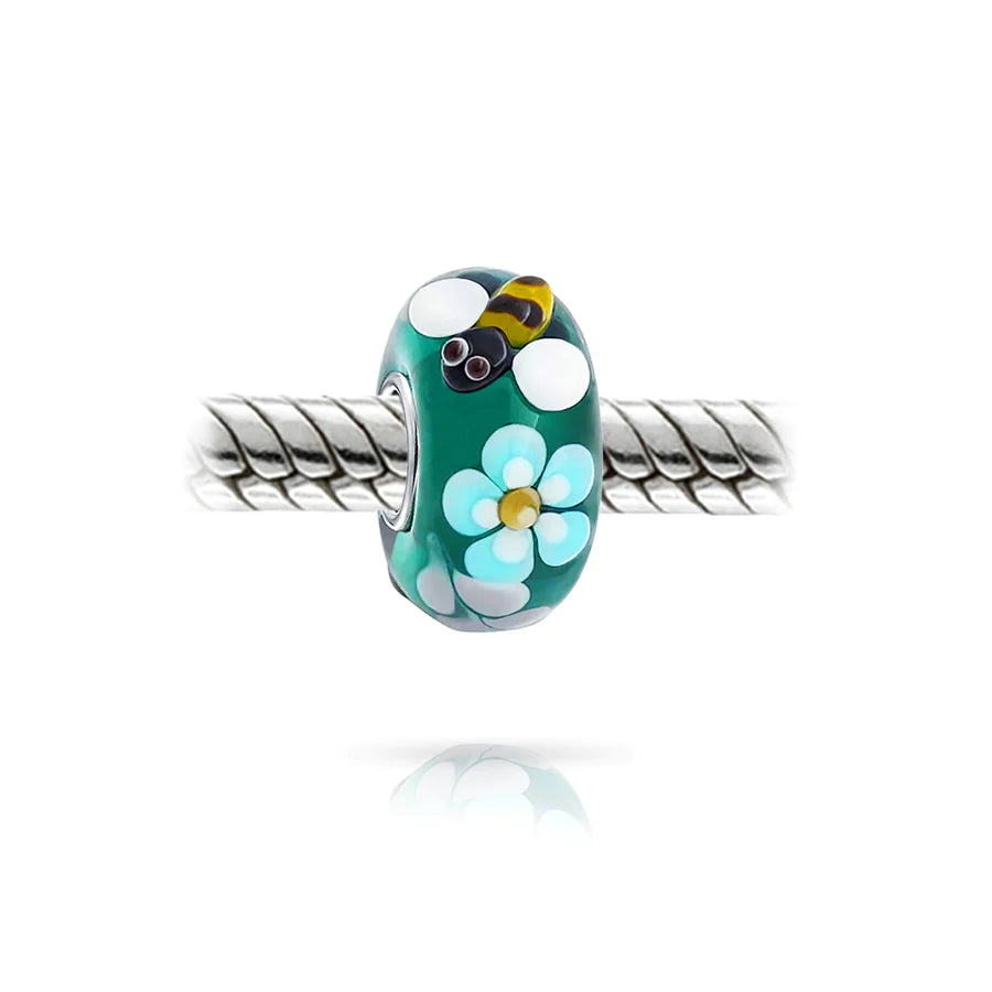 Teal Silver Bee Murano Glass Bead Charm