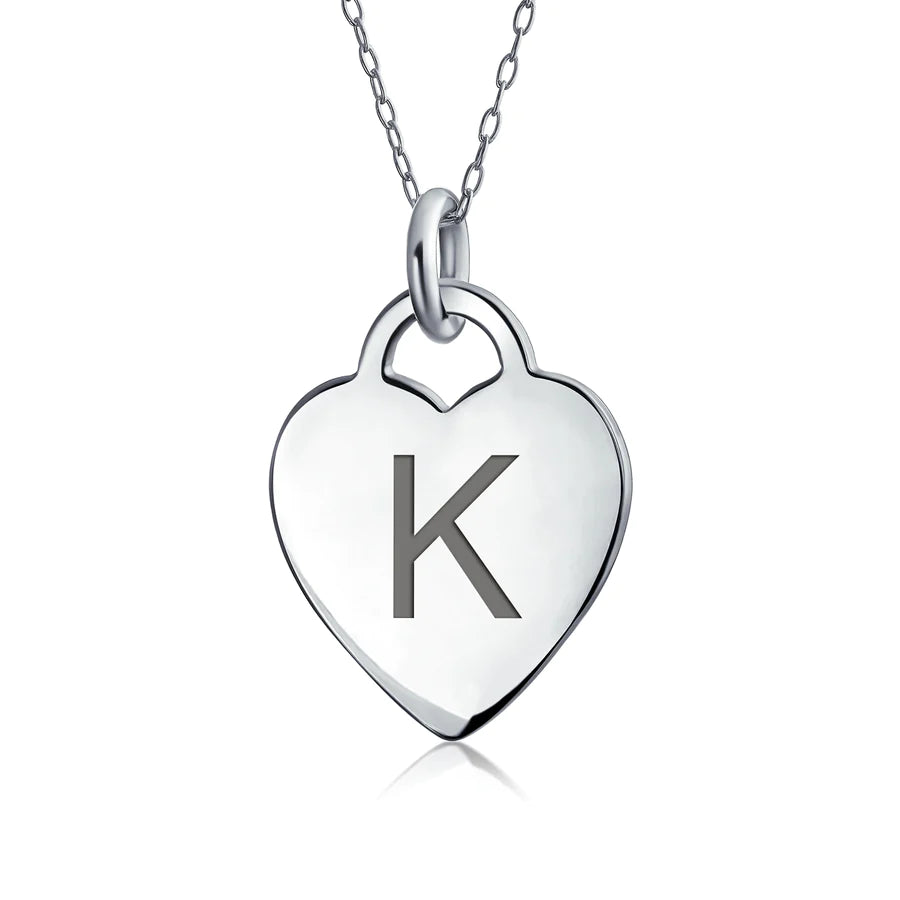 Sterling Silver Block Alphabet Initial Heart Pendant Necklace