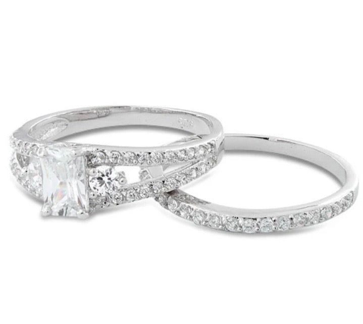 Sterling Silver Clear Cut CZ Wedding Set Ring