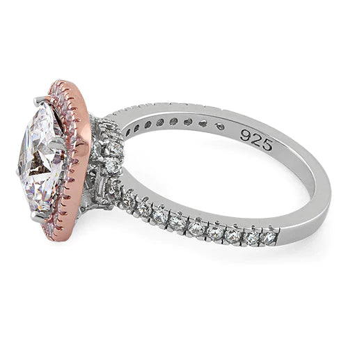 Sterling Silver Two Tone Rose Gold Plated Cushion Cut Clear & Pink CZ Ring