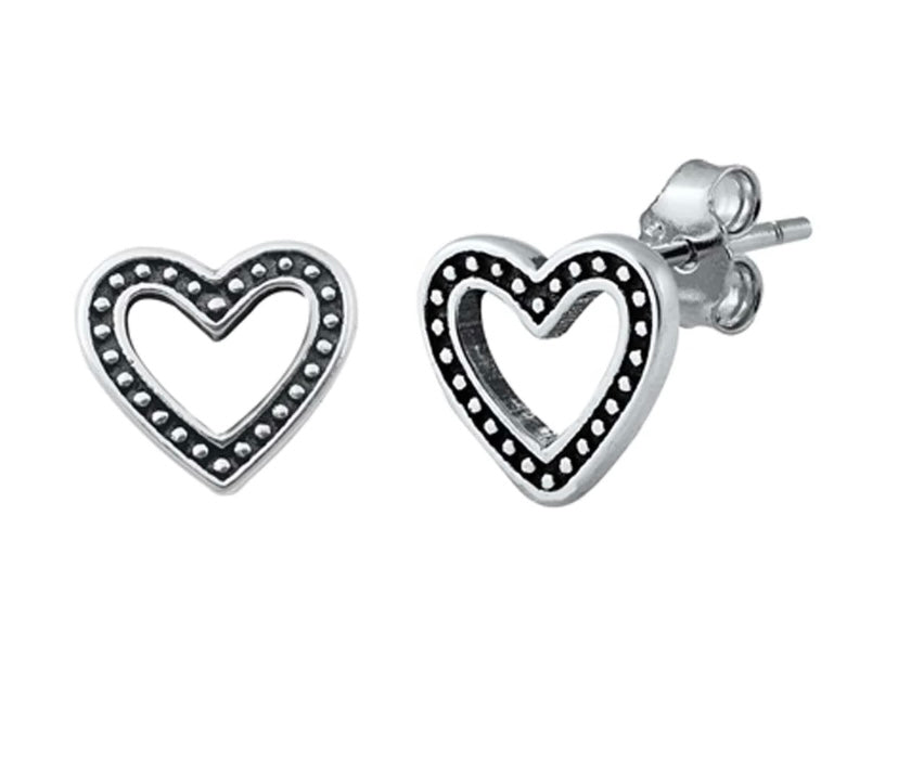 Sterling Silver Oxidized Heart Small Stud Earrings