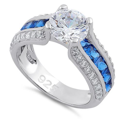 Sterling Silver Round & Princes Cut Clear & Blue Spinel CZ Ring