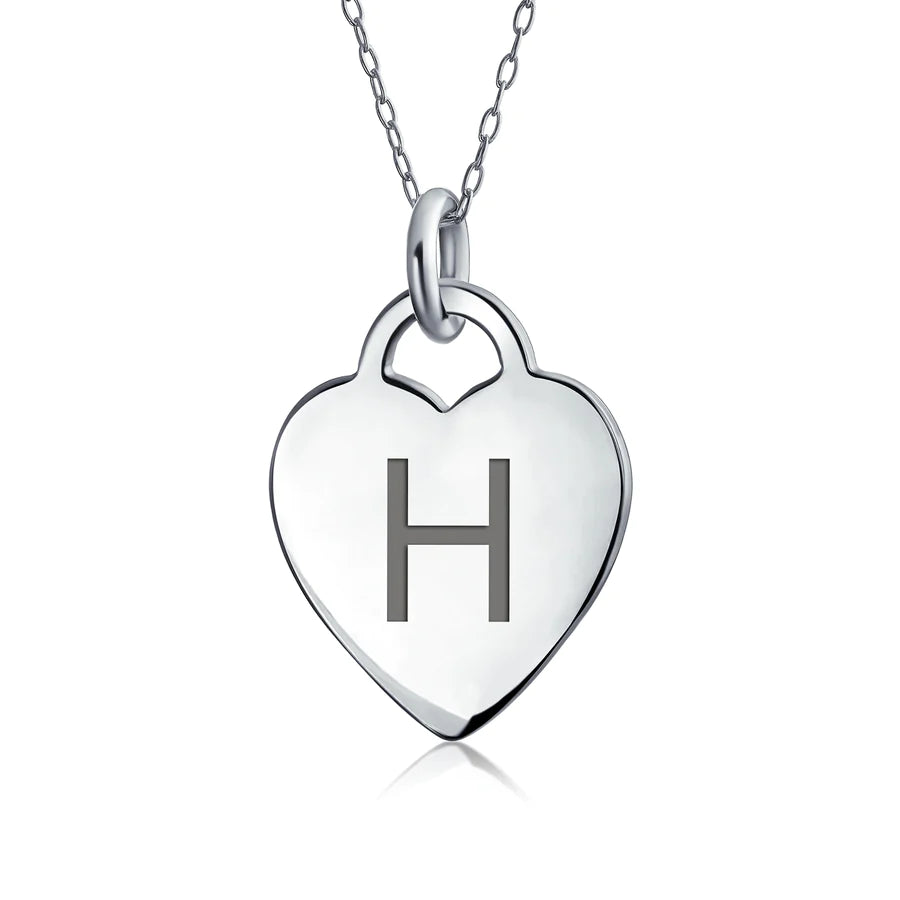 Sterling Silver Block Alphabet Initial Heart Pendant Necklace