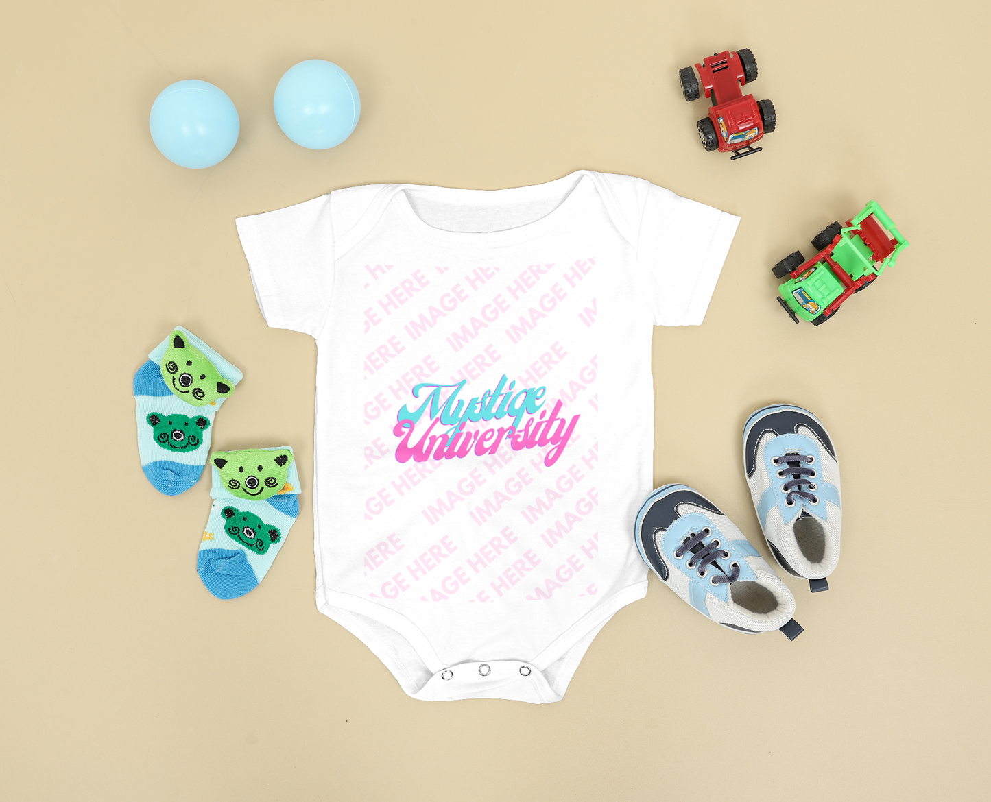 Baby Bodysuit Mockup w/Baby Shoe and Socks