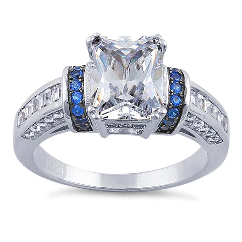 Sterling Silver Clear Emerald Cut Blue CZ Ring