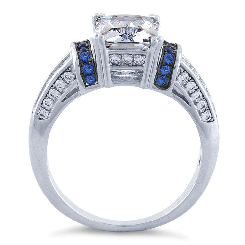 Sterling Silver Clear Emerald Cut Blue CZ Ring