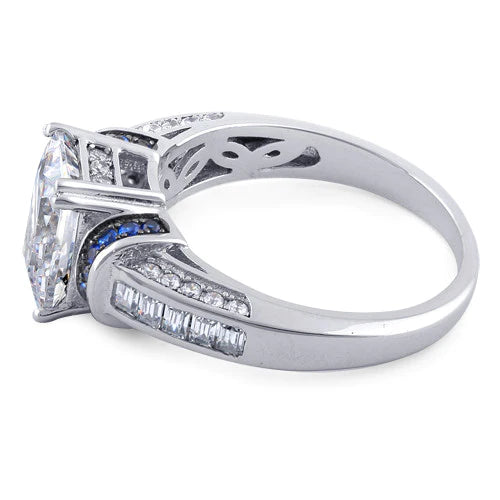 Sterling Silver Clear Emerald Cut Blue CZ Ring