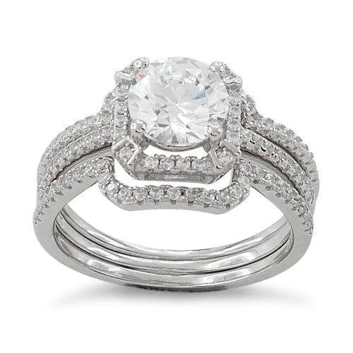 Sterling Silver Engagement Round Halo Pave CZ Set Ring