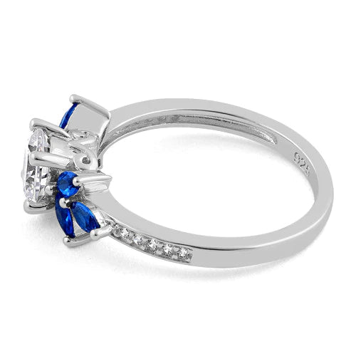 Sterling Silver Flower Leaves Blue Spinel Clear CZ Ring