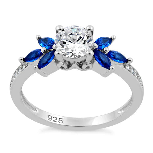 Sterling Silver Flower Leaves Blue Spinel Clear CZ Ring