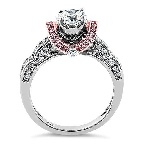 Sterling Silver Lavish Two Tone Rose Gold Plated Round Cut Clear & Pink CZ Ring