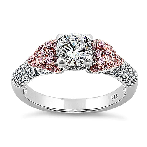 Sterling Silver Majestic Two Tone Rose Gold Plated Round Cut Clear & Pink CZ Ring