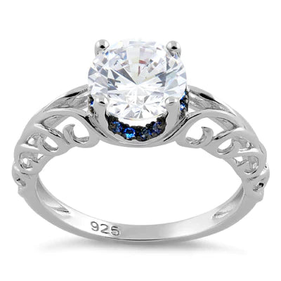 Sterling Silver Swirl Design Clear and Blue CZ Ring